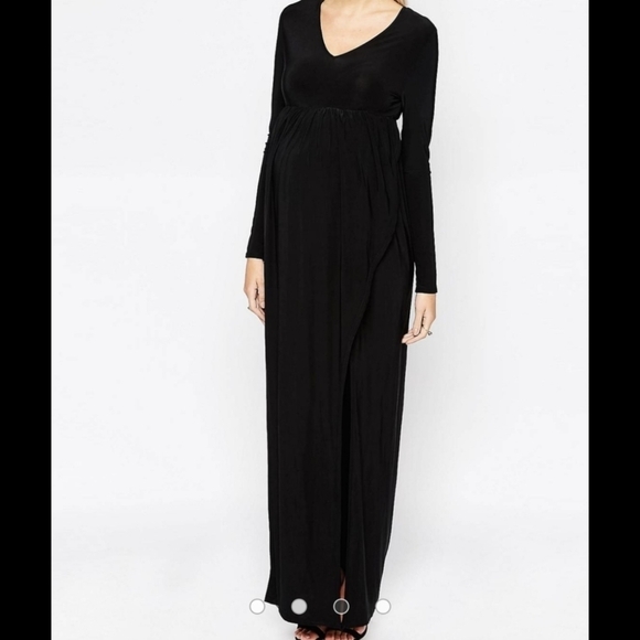 Club L Maternity Slinky Plunge V Neck Maxi Dress with M Slit Sz 12 in Black NWT - Picture 2 of 12